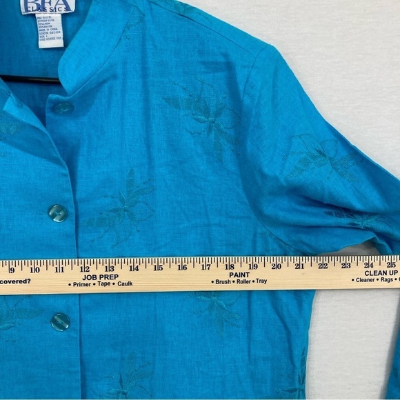 Vintage Blue Linen Blend Floral Embroidered Long Sleeve Button Down Large - Picture 6 of 9